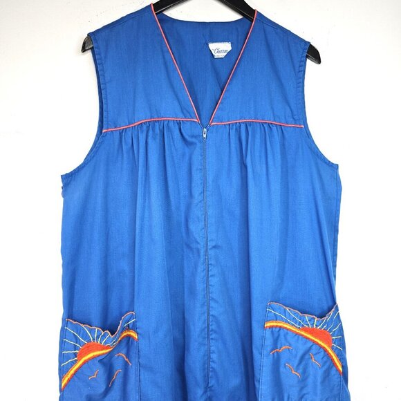 1970s Vintage Blue Front Zip Sun Bird Embroidered Pockets Duster Housedress USA - Picture 5 of 6